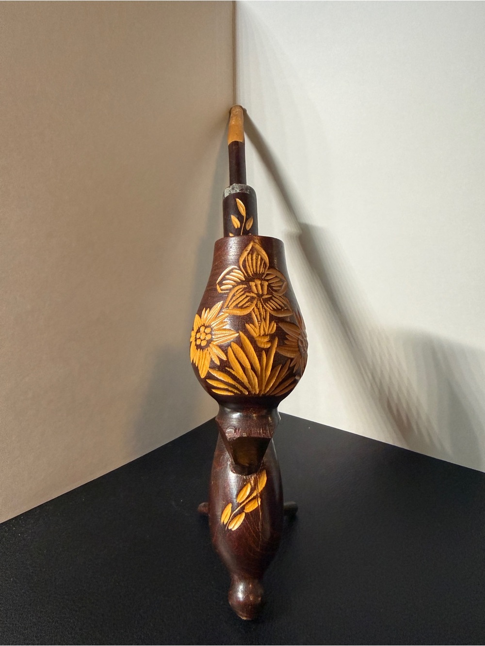 Hand-Carved Wooden Decorative Pipe with Floral Carvings - Dark Brown & Honey